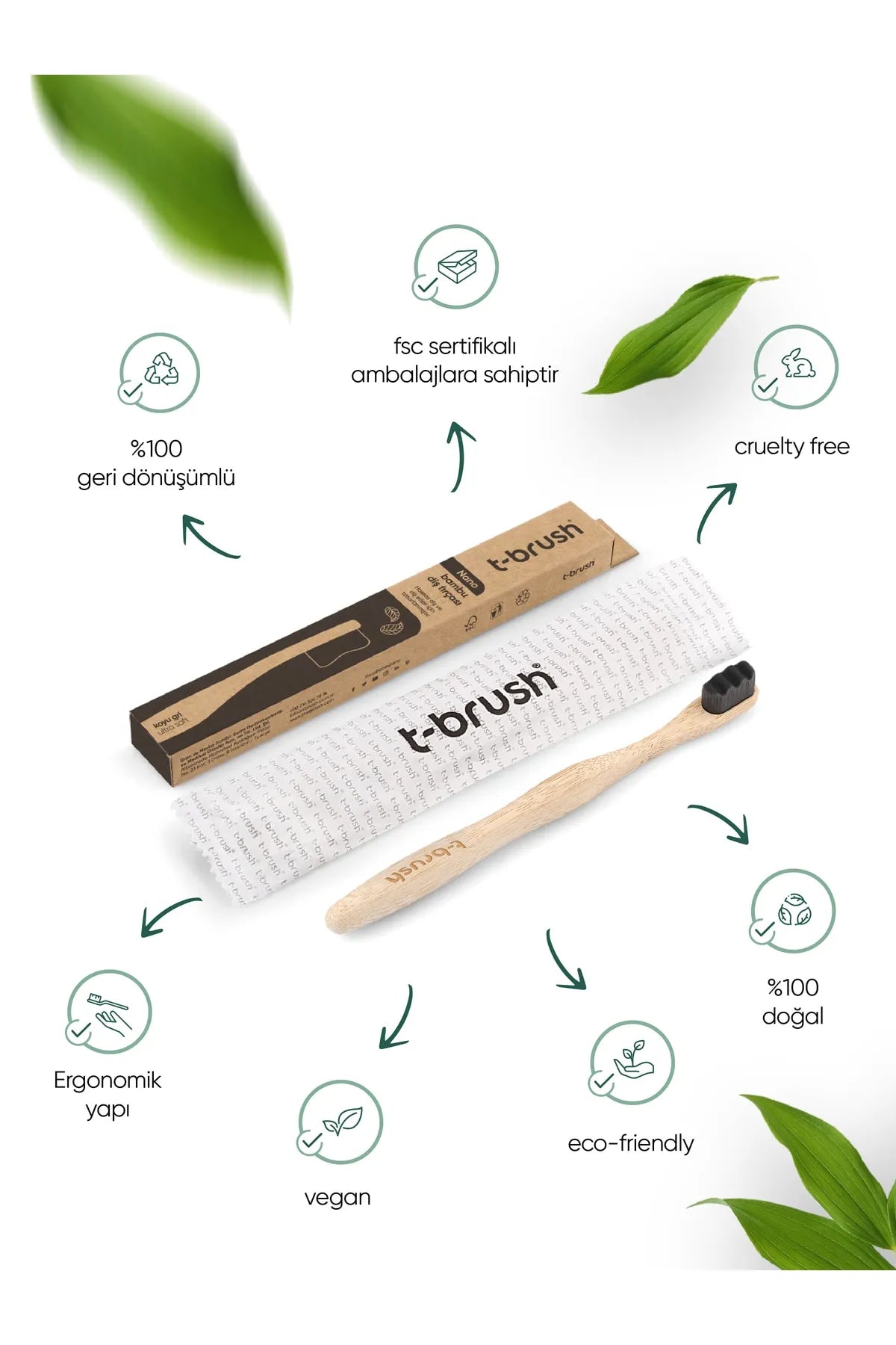 T-Brush Nano Vegan Bambu Ultra Yumuşak Diş Fırçası - Koyu Gri