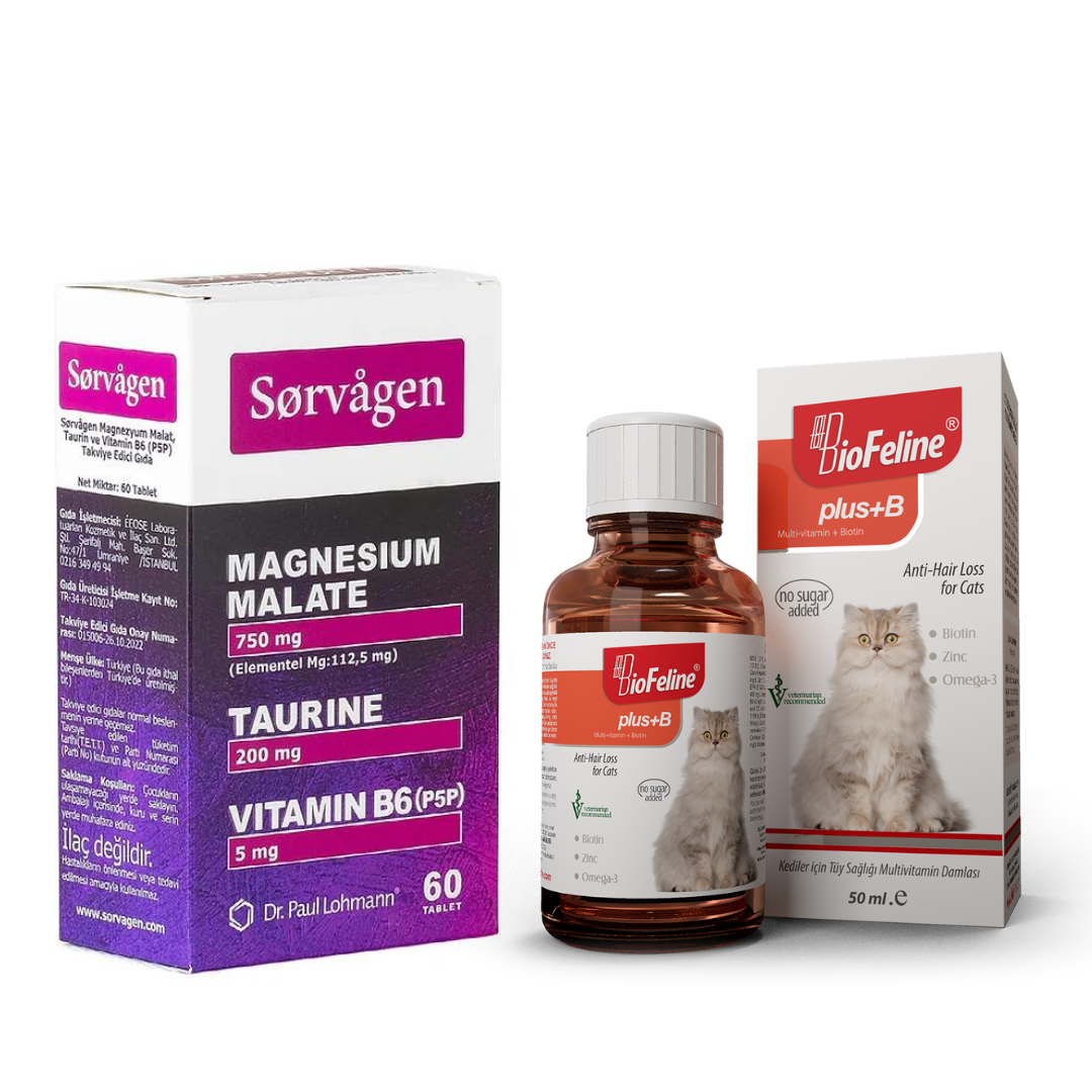 BioFeline Plus+B For Cats Kediler için Tüy Sağlığı Damlası 50 ml + Sorvagen Magnezyum Malat Taurin ve Vitamin B6 60 Tablet Avantajlı Paket
