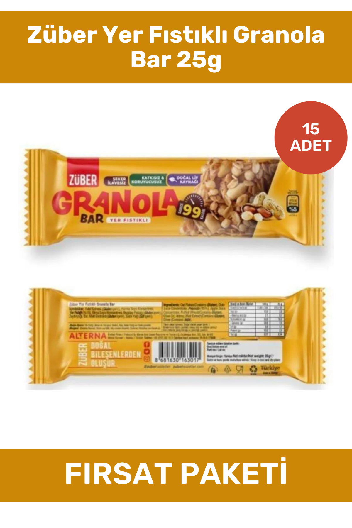 Züber Yer Fıstıklı Granola Bar 25g 15'li Paket