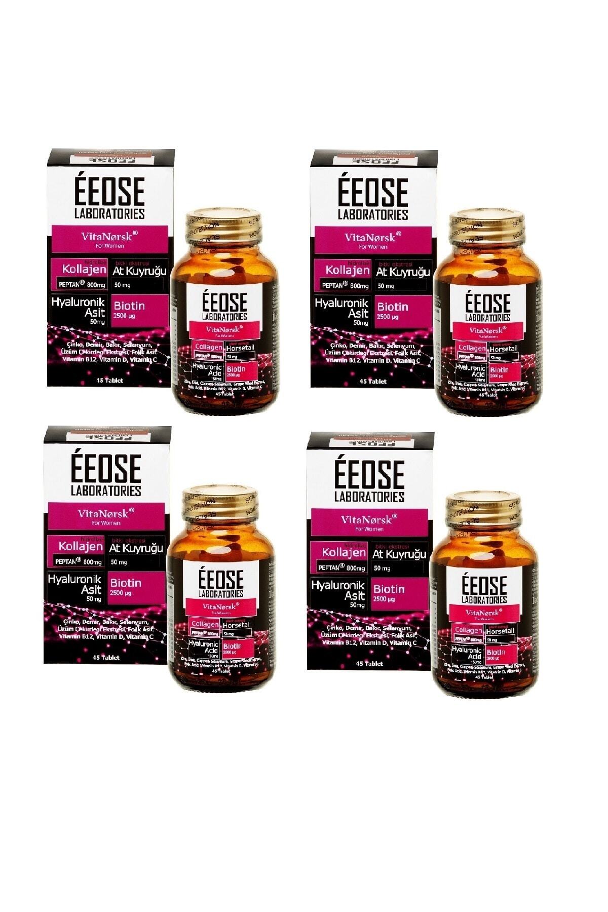 Éeose VitaNorsk Collagen Tablet for Woman ( Kollajen + Hyaluronik Asit + Atkuyruğu + Biotin + C Vitamini) 45 Tablet 4'lü Paket