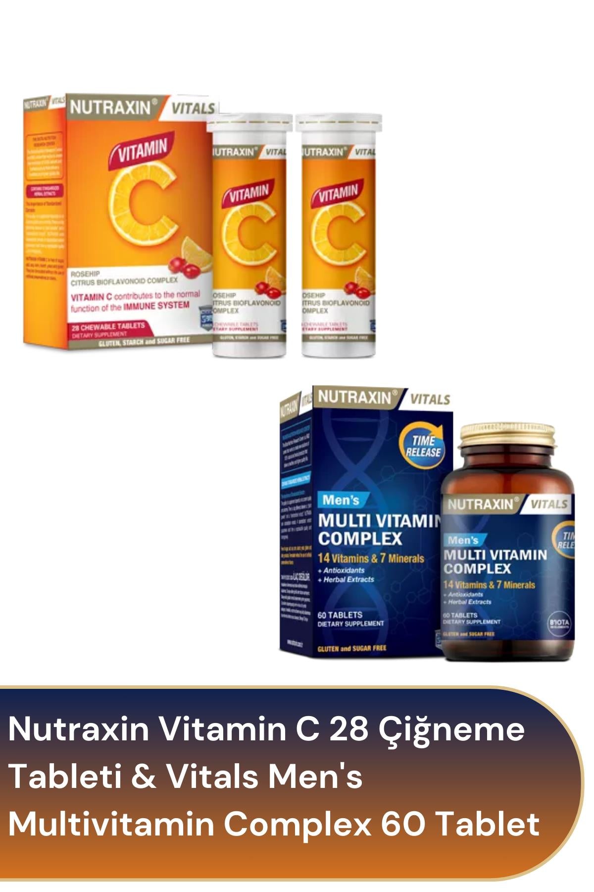 Nutraxin Vitamin C 28 Çiğneme Tableti & Vitals Men's Multivitamin Complex 60 Tablet