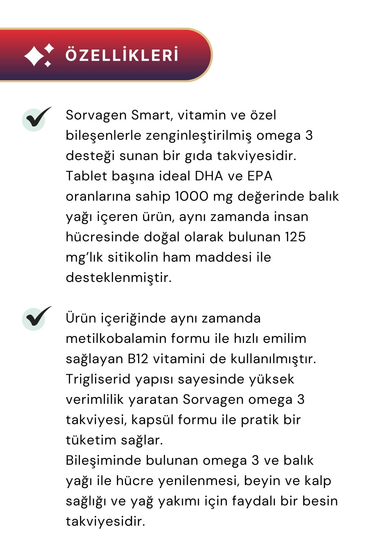 Sorvagen Smart Sitikolin DHA Omega 3 ve B12 30 Kapsül 4'lü Paket