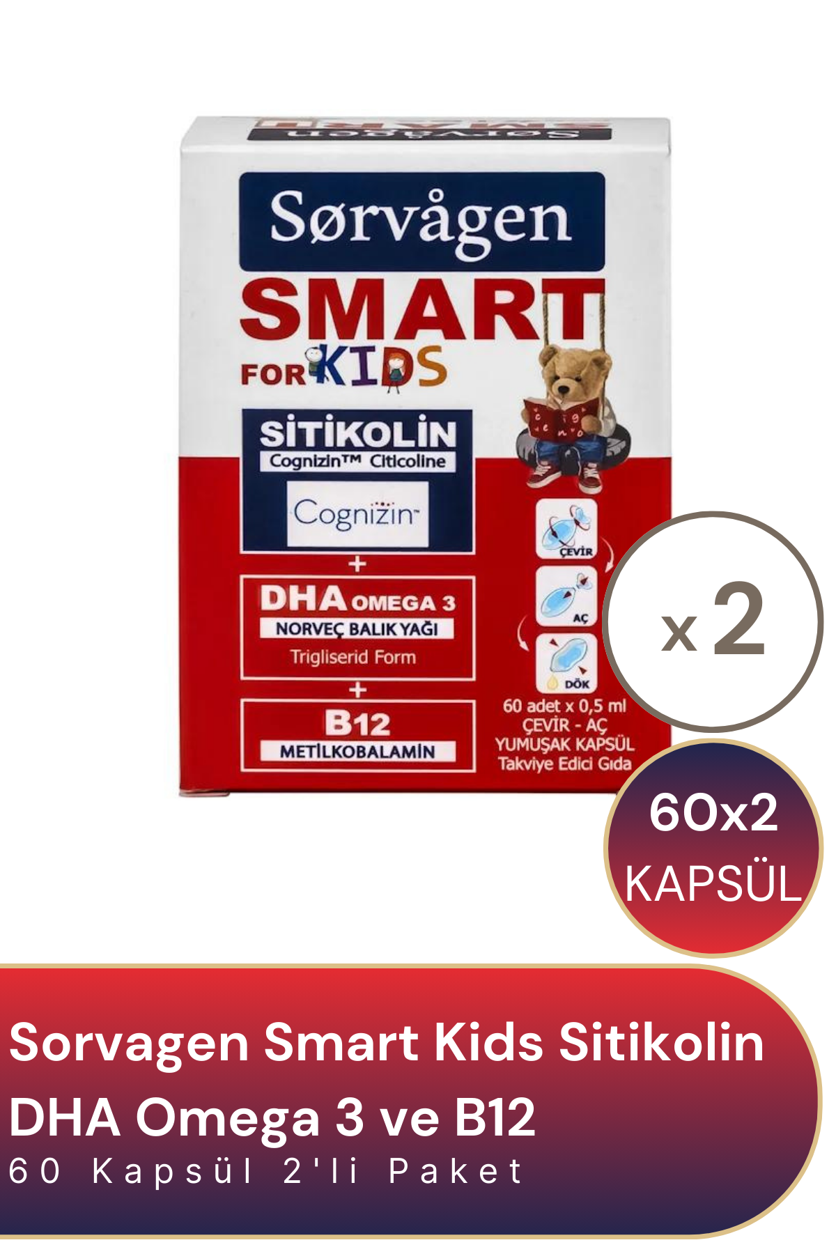 Sorvagen Smart Kids Sitikolin DHA Omega 3 ve B12 60 Kapsül 2'li Paket