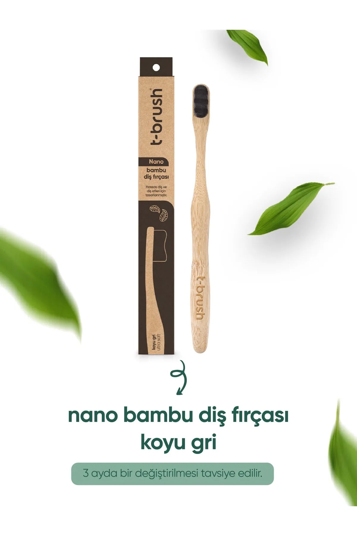 T-Brush Nano Vegan Bambu Ultra Yumuşak Diş Fırçası - Koyu Gri