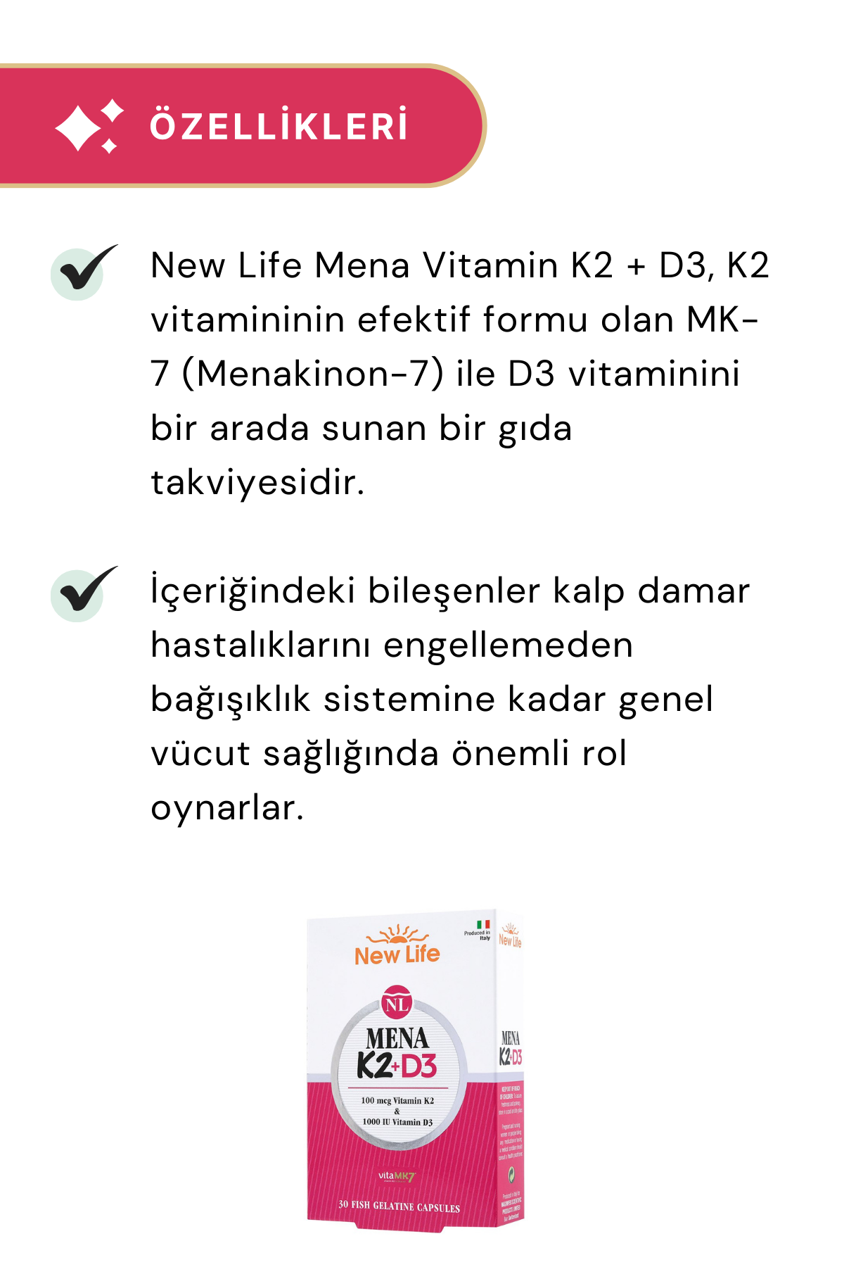 New Life Mena K2 + D3 30 Kapsül 6'lı Paket