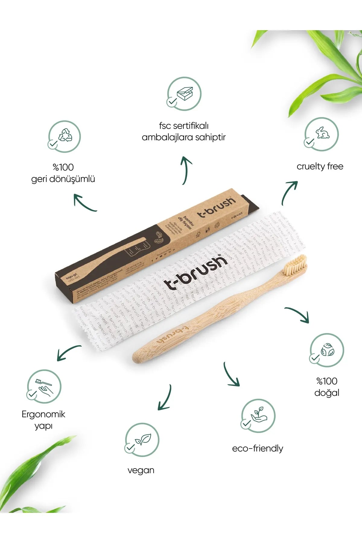 T-Brush Bambu Orta Sert Diş Fırçası - Krem Rengi