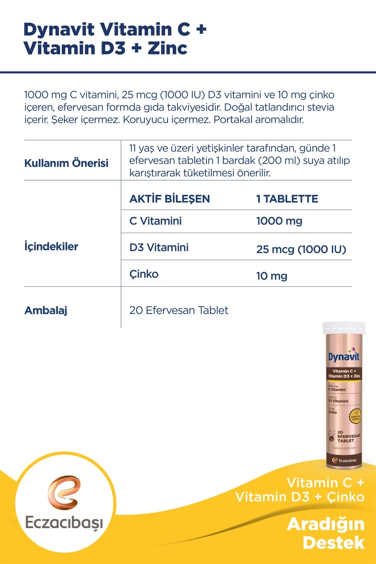 Dynavit Vitamin C + Vitamin D3 + Çinko 20 Efervesan Tablet