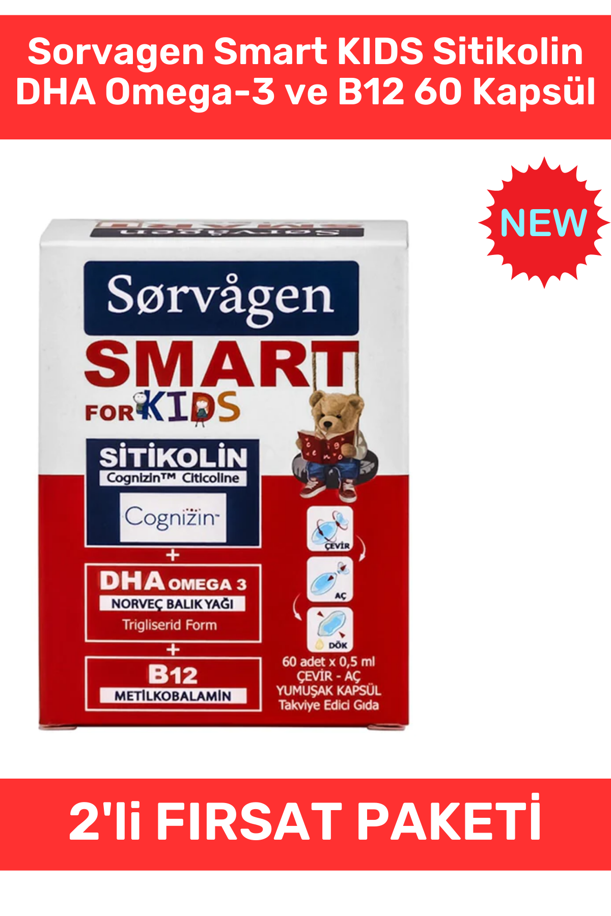 Sorvagen Smart Kids Sitikolin DHA Omega 3 ve B12 60 Kapsül 2'li Paket
