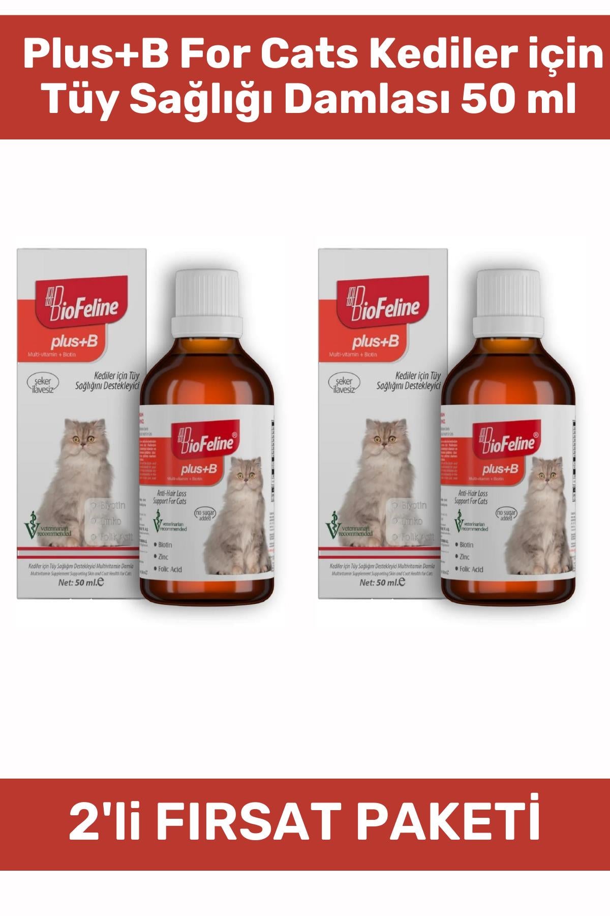 BioFeline Plus+B For Cats Kediler için Tüy Sağlığı Damlası 50 ml 2'li Paket