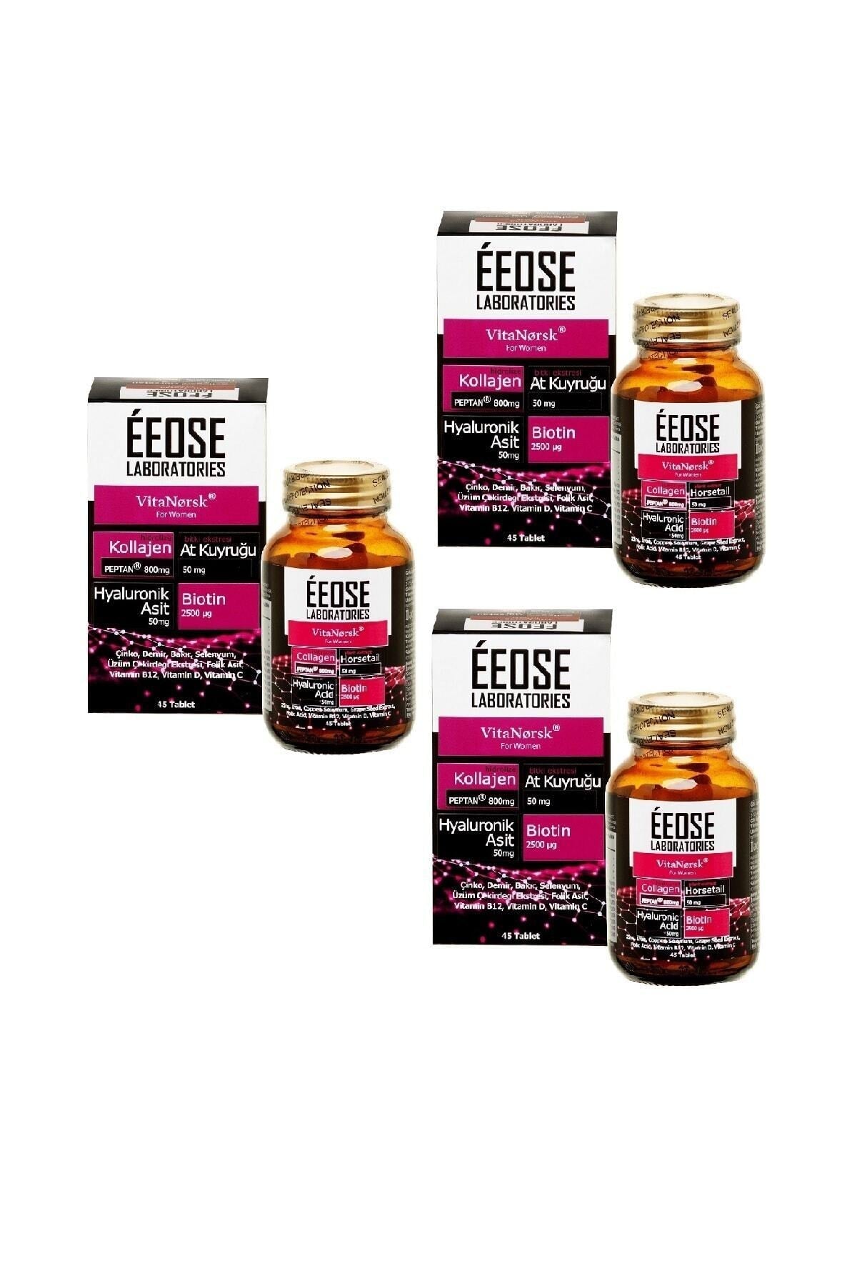 Éeose VitaNorsk Collagen Tablet for Woman ( Kollajen + Hyaluronik Asit + Atkuyruğu + Biotin + C Vitamini) 45 Tablet 3'lü Paket