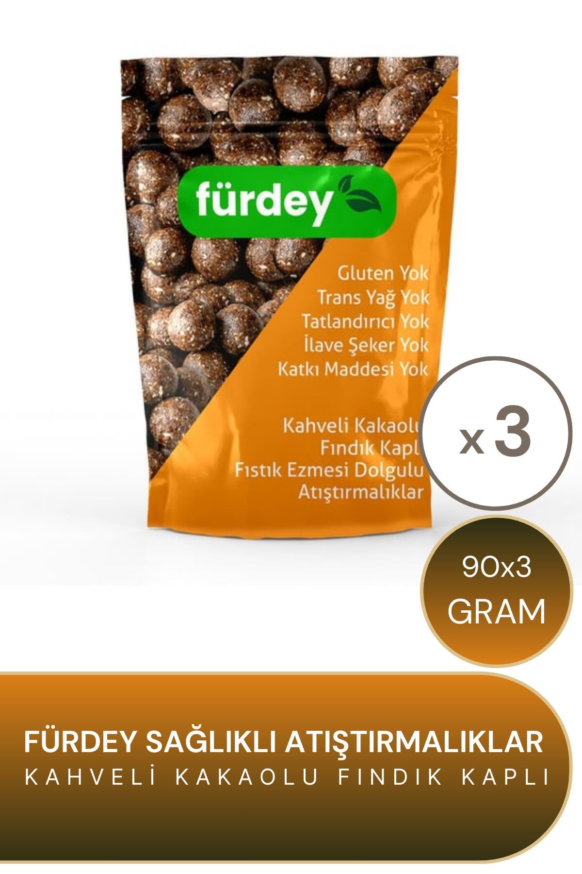 Fürdey Kahveli Kakaolu Fındık Kaplı Sağlıklı Atıştırmalıklar 90 g 3'lü Paket