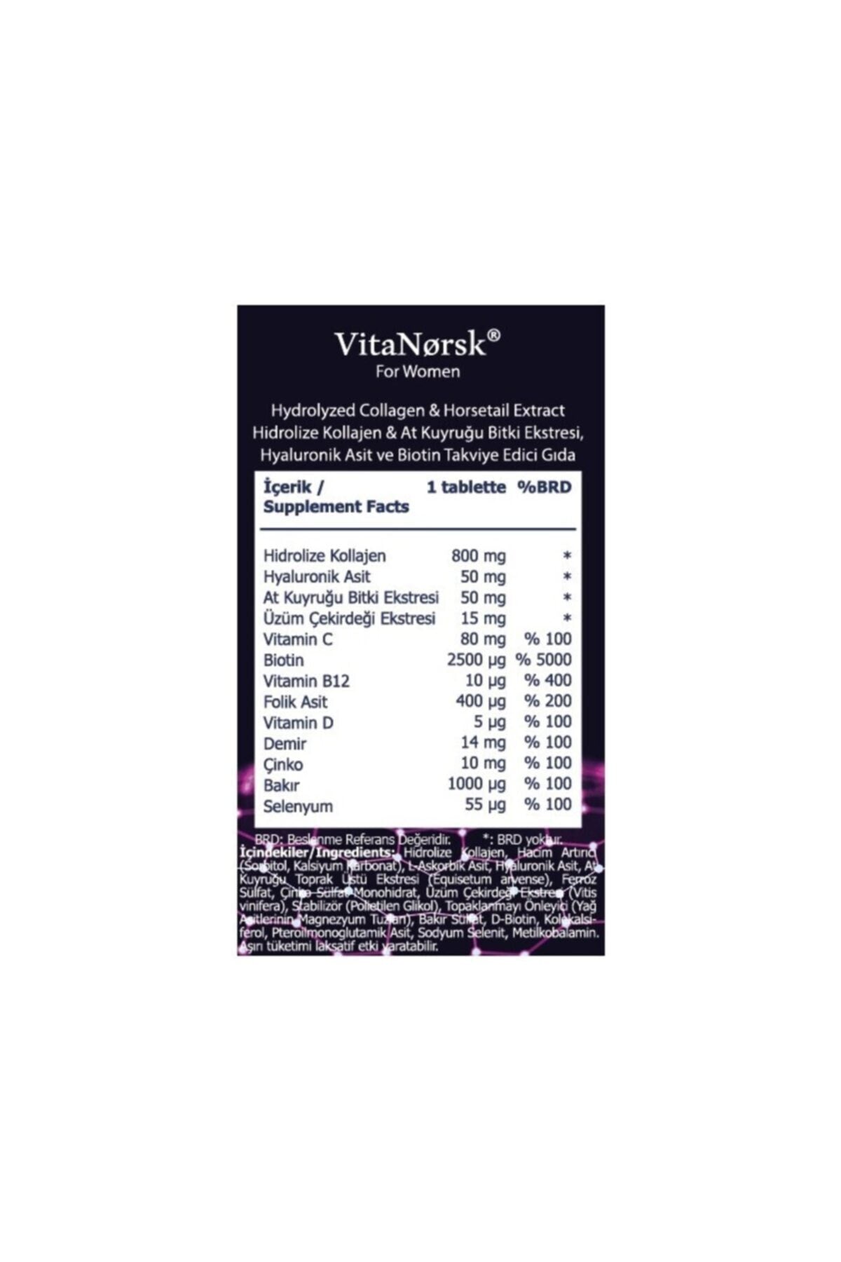 Éeose VitaNorsk Collagen Tablet for Woman ( Kollajen + Hyaluronik Asit + Atkuyruğu + Biotin + C Vitamini) 45 Tablet 2'li Paket