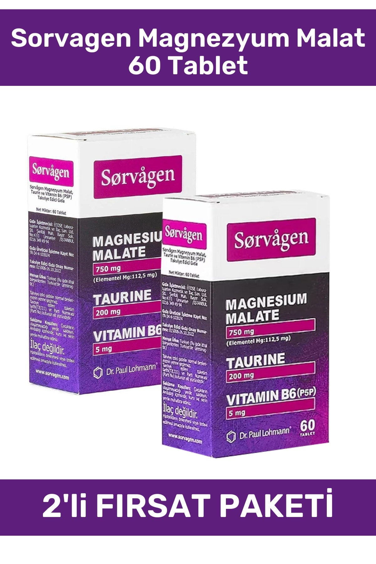 Sorvagen Magnezyum Malat Taurin ve Vitamin B6 60 Tablet 2'li Paket