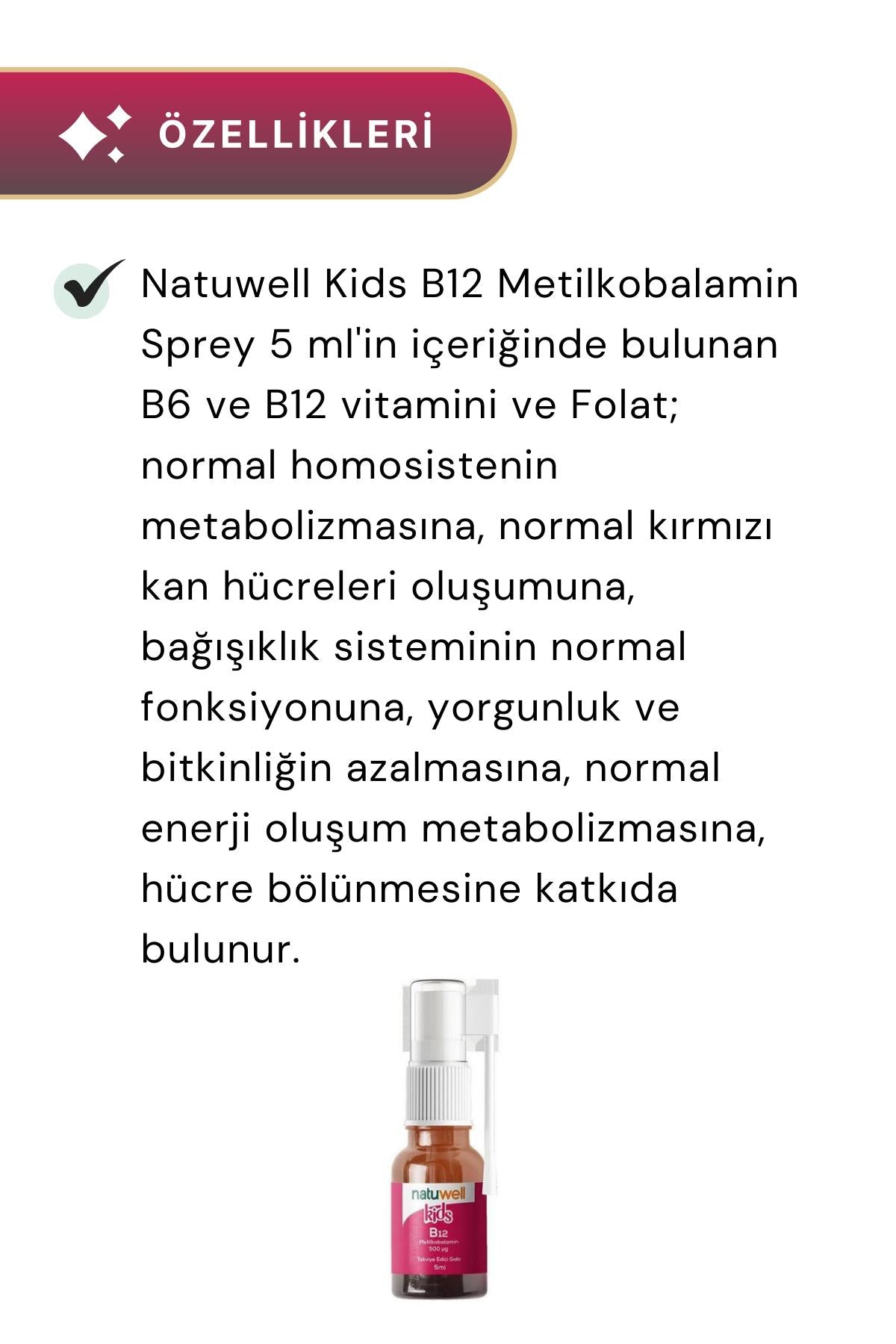 Natuwell Kids B12 Metilkobalamin Sprey 5 ml 3'lü Paket