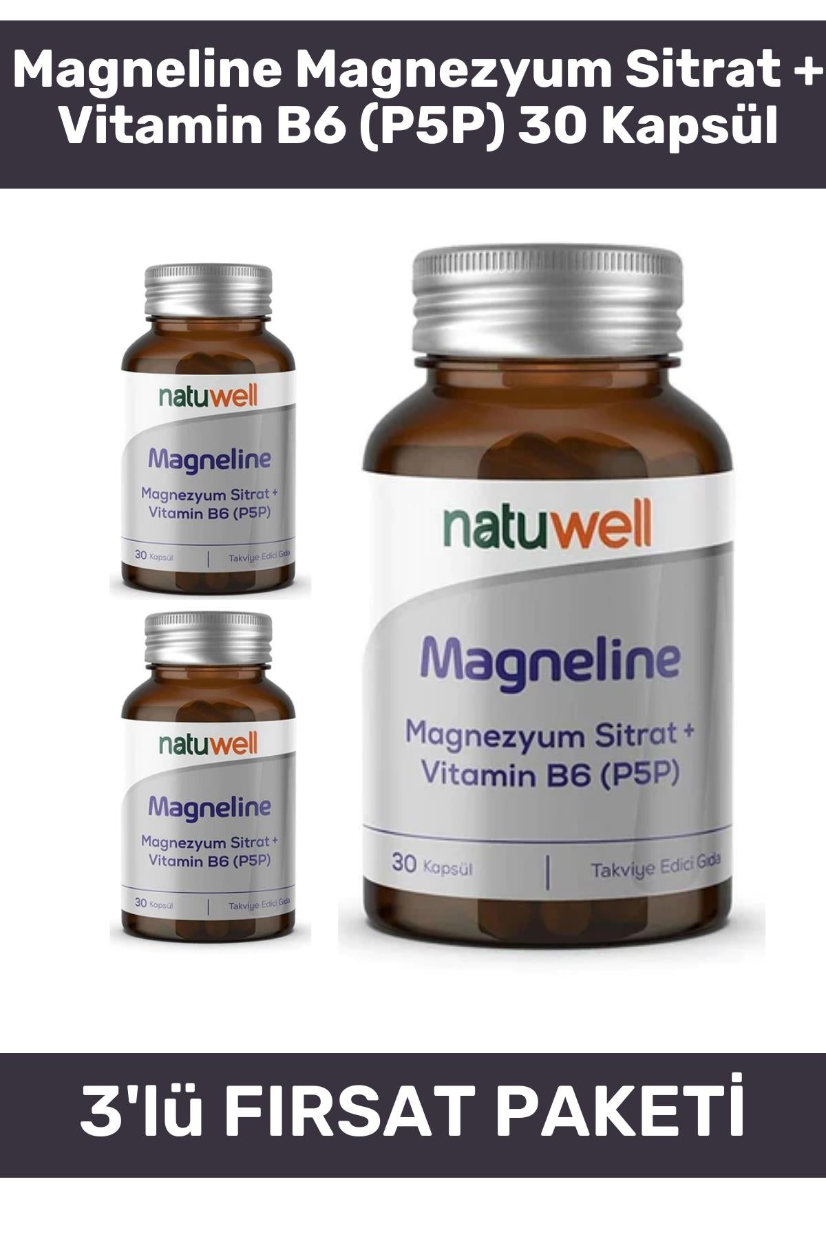 Natuwell Magneline Magnezyum Sitrat + Vitamin B6 (P5P) 30 Kapsül 3'lü Paket