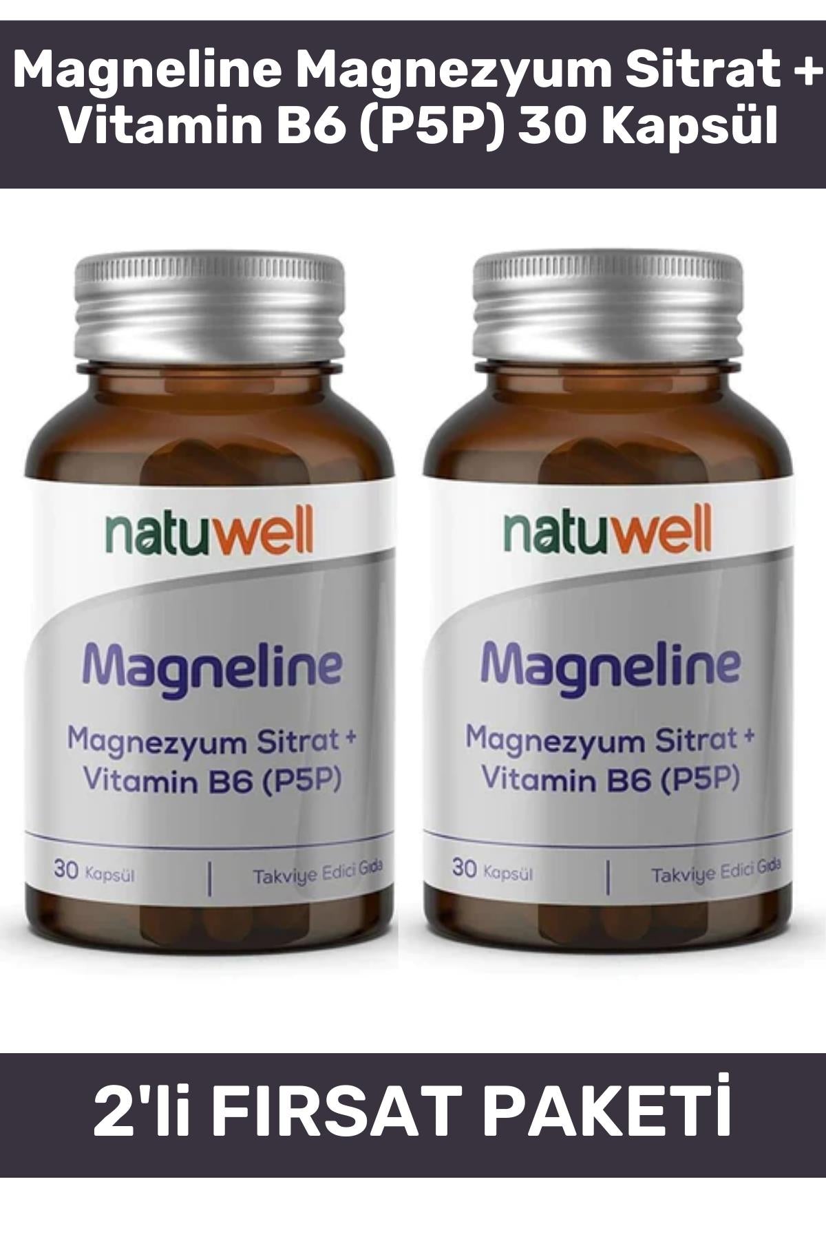 Natuwell Magneline Magnezyum Sitrat + Vitamin B6 (P5P) 30 Kapsül 2'li Paket