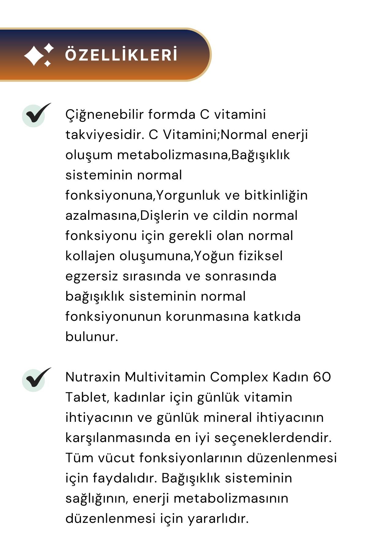Nutraxin Vitamin C 28 Çiğneme Tableti & Vitals Women's Multivitamin Complex 60 Tablet