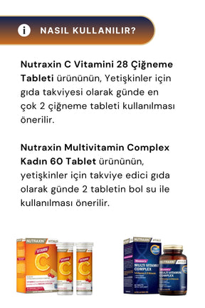 Nutraxin Vitamin C 28 Çiğneme Tableti & Vitals Women's Multivitamin Complex 60 Tablet