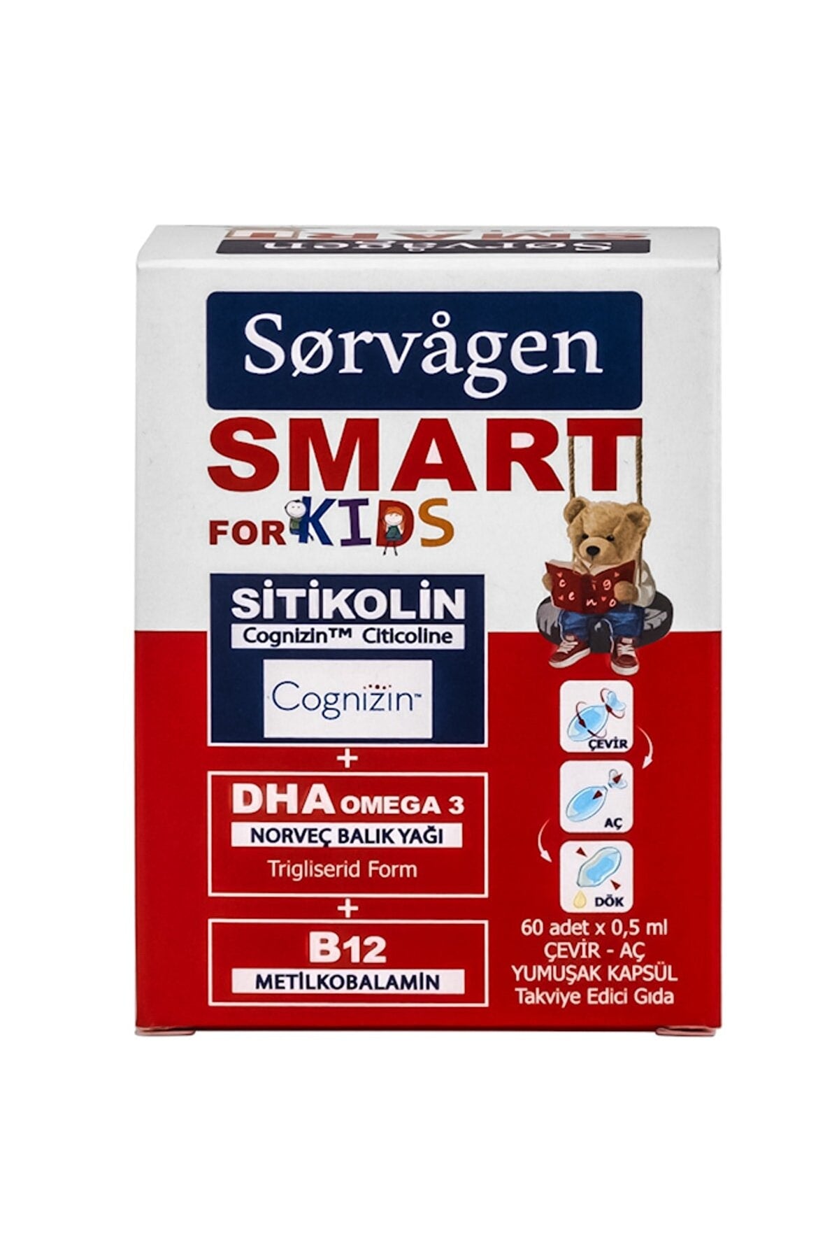 Sorvagen Smart Kids Sitikolin, DHA, Omega 3 Norveç Balık Yağı, B12 60 Kapsül