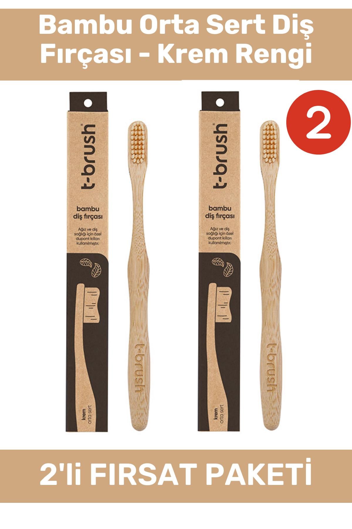 T-Brush Bambu Orta Sert Diş Fırçası - Krem Rengi 2'li Paket