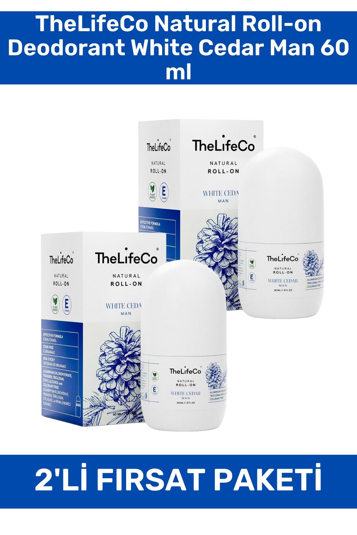TheLifeCo Natural Roll-on Deodorant White Cedar Man 60 ml 2'li Paket