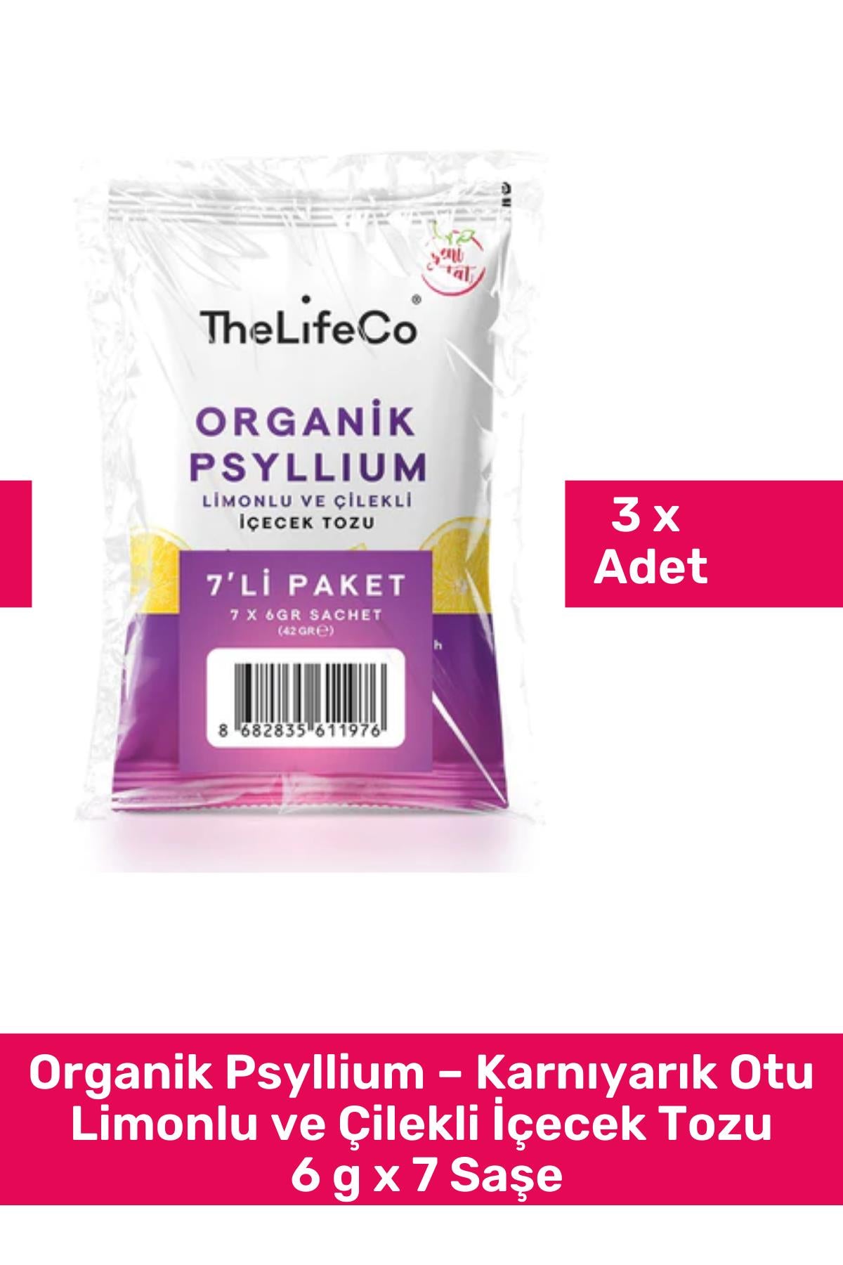 TheLifeCo Organik Psyllium – Karnıyarık Otu Limonlu ve Çilekli İçecek Tozu 6 g x 7 Saşe 3'lü Paket