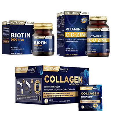 Nutraxin Biotin 5000 Mcg 30 Tablet & Gold Collagen 50 ml 10 Saşe & Vitamin Max C D Zinc 60 Tablet