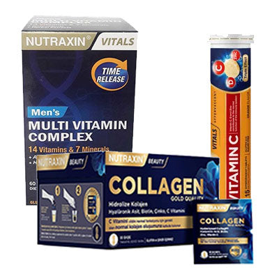 Nutraxin Gold Collagen 50 ml 10 Saşe & Vitamin C D Zinc 15 Efervesan Tablet & Men's Multivitamin Complex 60 Tablet
