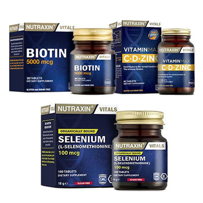 Nutraxin Biotin 5000 Mcg 30 Tablet & Selenium 100 Mcg 100 Tablet & Vitamin Max C D Zinc 60 Tablet