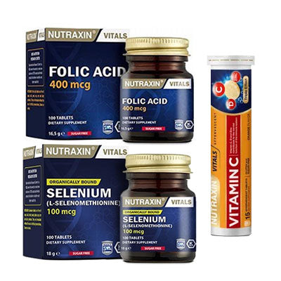Nutraxin Vitamin C D Zinc 15 Efervesan Tablet & Folic Acid 400 Mcg 100 Tablet & Selenium 100 Mcg 100 Tablet