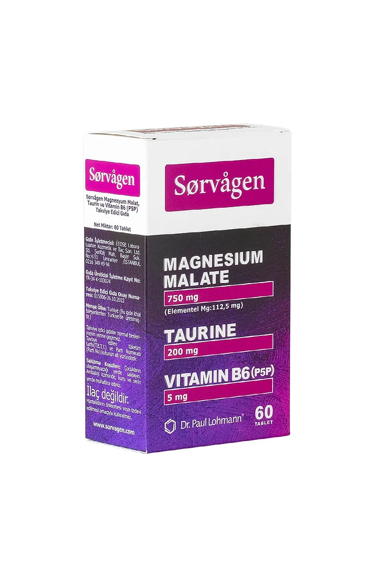Sorvagen Magnezyum Malat Taurin ve Vitamin B6 (P5P) 60 Tablet